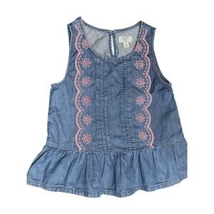 Crown & Ivy Pink Denim Floral Sleeveless Top Girls Size Small (5/6) Scalloped